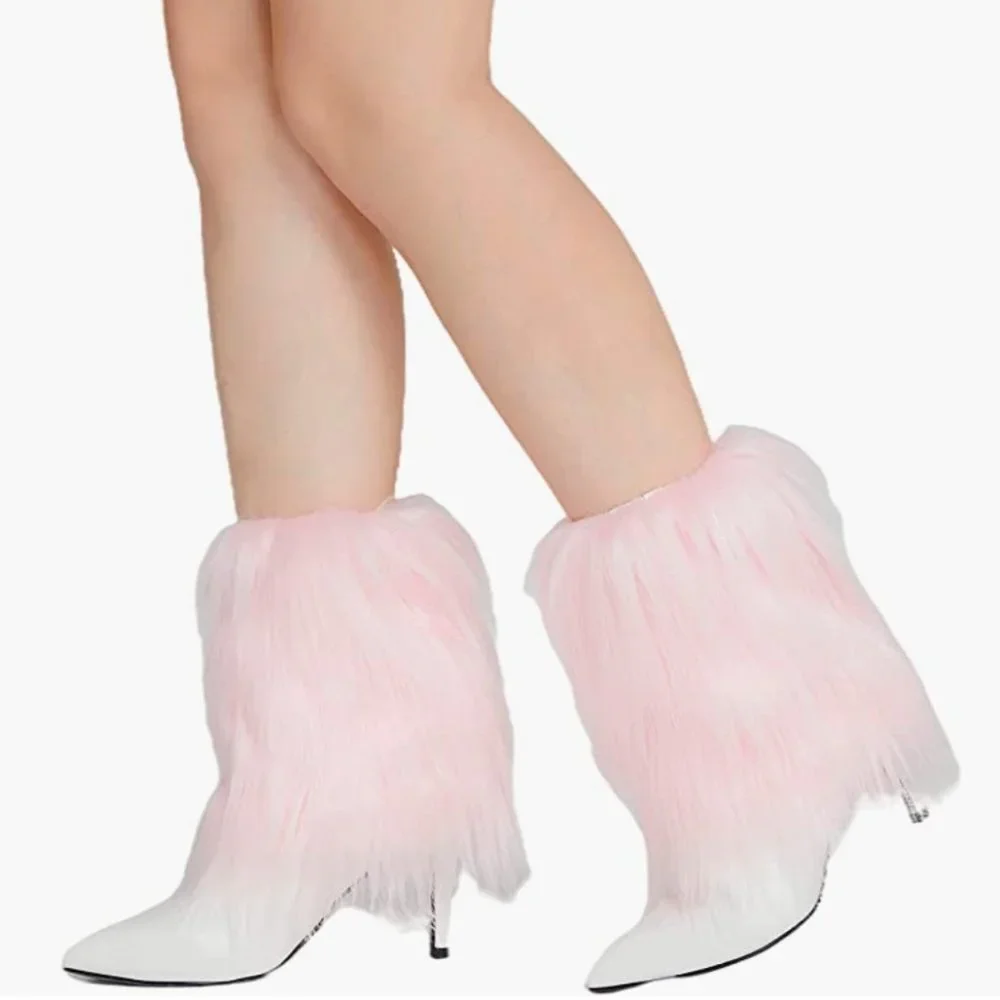 Pink Fuzzy Faux Fur Feather Cuff Ankle Boot Covers‎ Leg Warmer Socks
